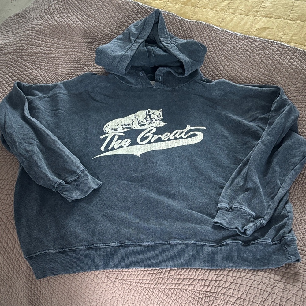 THE GREAT. Washed Navy Hoodie with White Graphic